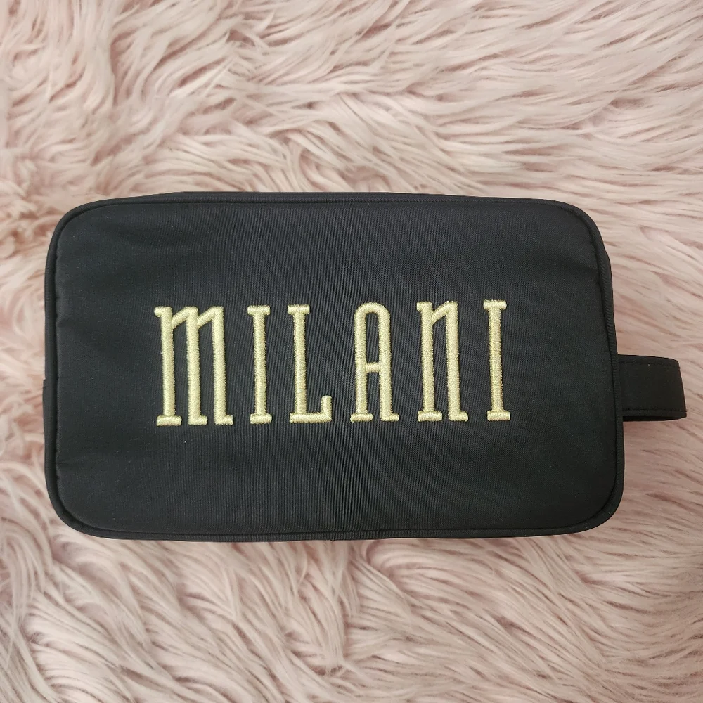 Milani makeup bag travel pouch black nylon gold embroidered